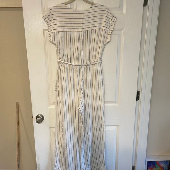 Monteau Los Angeles Blue Striped Linen Blend Casual Jumpsuit Sz L Belt, Pockets - Picture 1 of 12